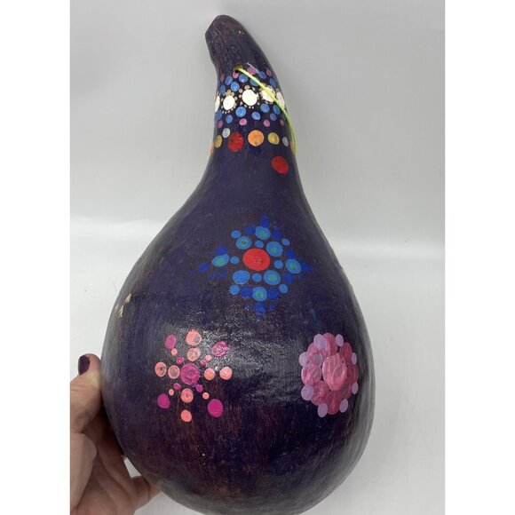Artisan Gourd Dot Painting Bird House Chicks Purple Hanging Hand Painted Art 12” - Picture 4 of 10